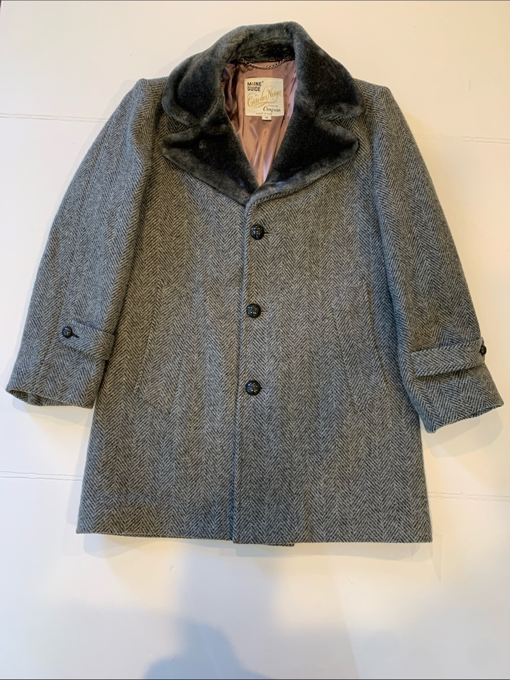 Mid-Century Maine Guide Men’s Size 38  Small/Medium Wool Coat w/ Faux Fur Collar